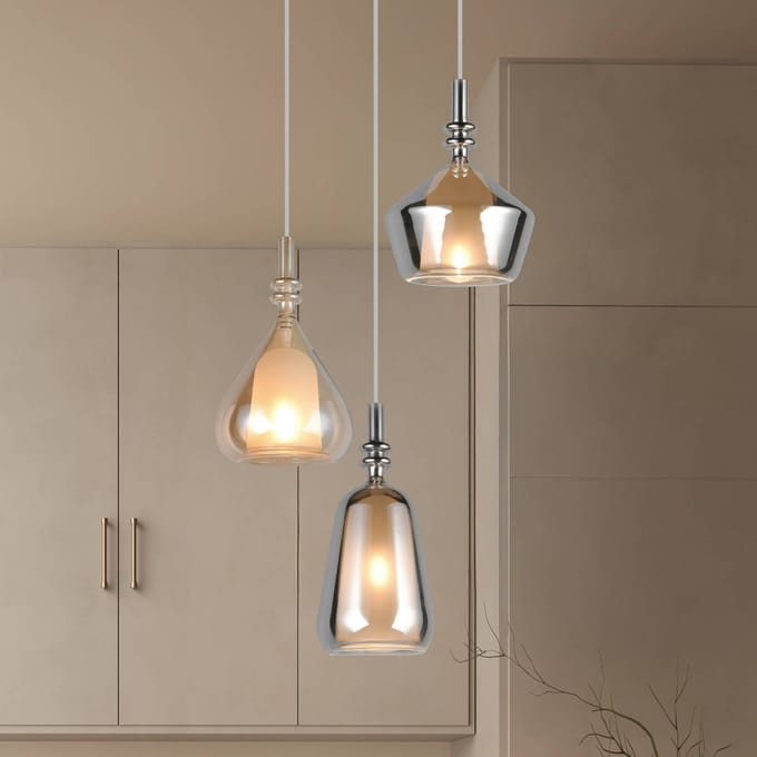 Trio Lighting hanglamp Aldea, Ø 28 cm, wit/amber/chroom, glas, 3-lamps.