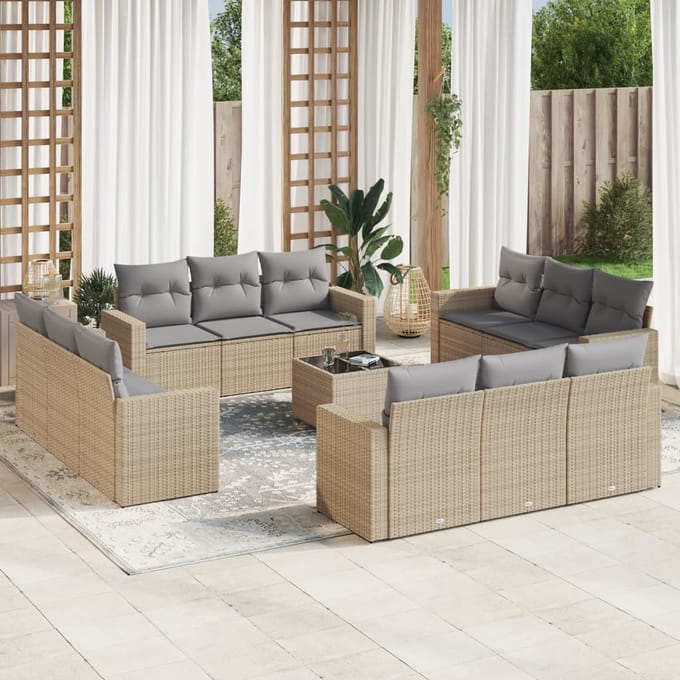 vidaXL - 13-delige - Loungeset - met - kussens - poly - rattan - beige