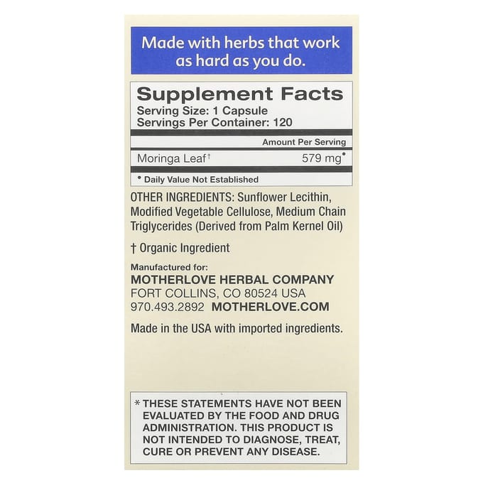 Motherlove, borstvoeding, moringa, 120 vloeibare capsules