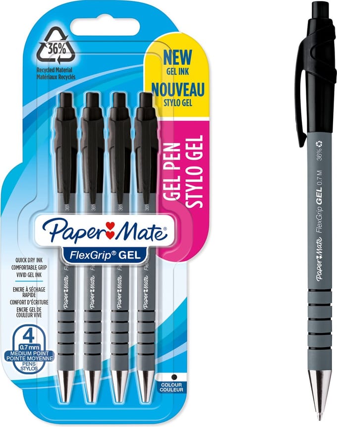 Paper Mate FlexGrip gelpennen | medium punt (0,7 mm) | zwarte inkt | 4 stuks