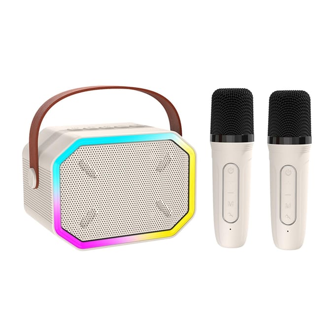 Mini BT Karaoke Machine Karaoke Speaker met Draadloze Microfoons Verblindend Kleurlichteffect voor 2 mics wit
