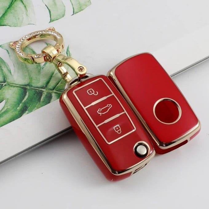 Étui souple pour clé télécommande de voiture en TPU, support complet pour Volkswagen Tiguan Passat rouge