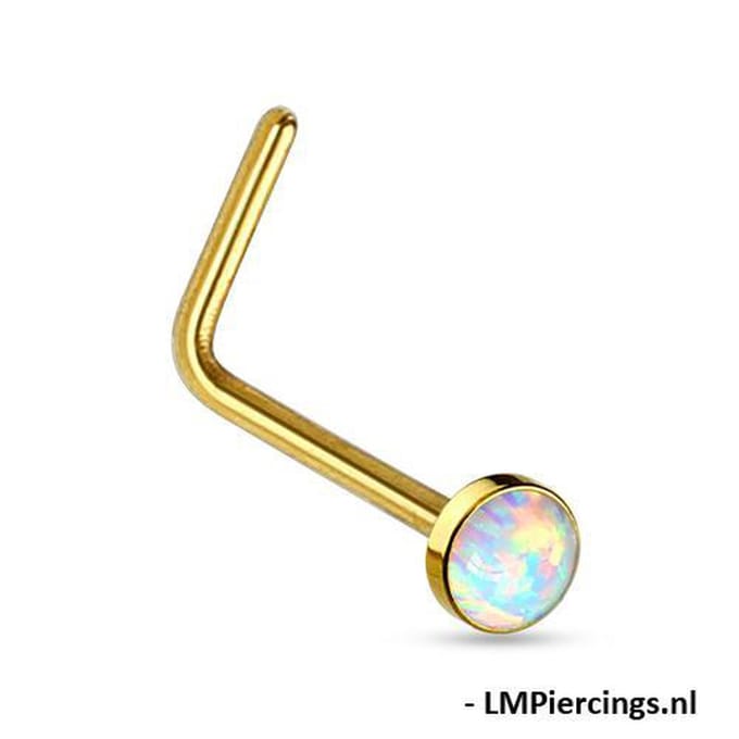Neuspiercing PVD L-bend opal 0.8x6x2.5 - goud - LMPiercings