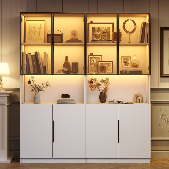 Vitrinekast - 30x160x200 cm - Glazen Deuren en LED - Instelbare Helderheid - MDF - Wit
