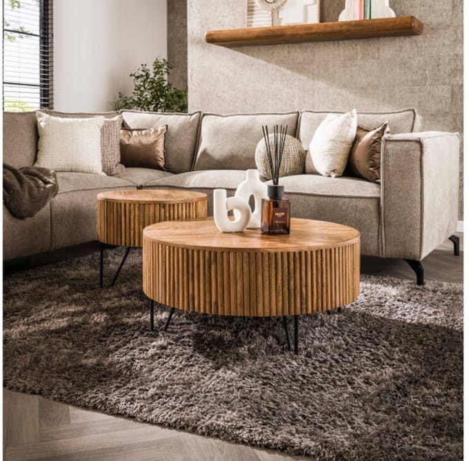 Salontafel Wave set van 2 rond mangohout - Zandkleur