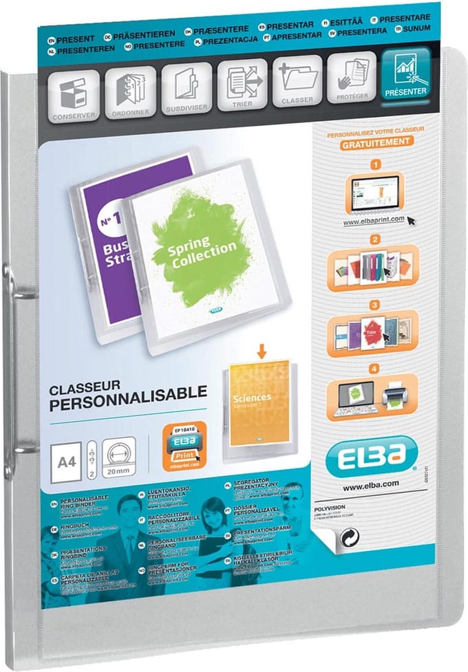 OXFORD Polyvision personaliseerbare ringmap, formaat A4, uit PP, rug van 3 cm, 2 ringen, transparant 12 stuks