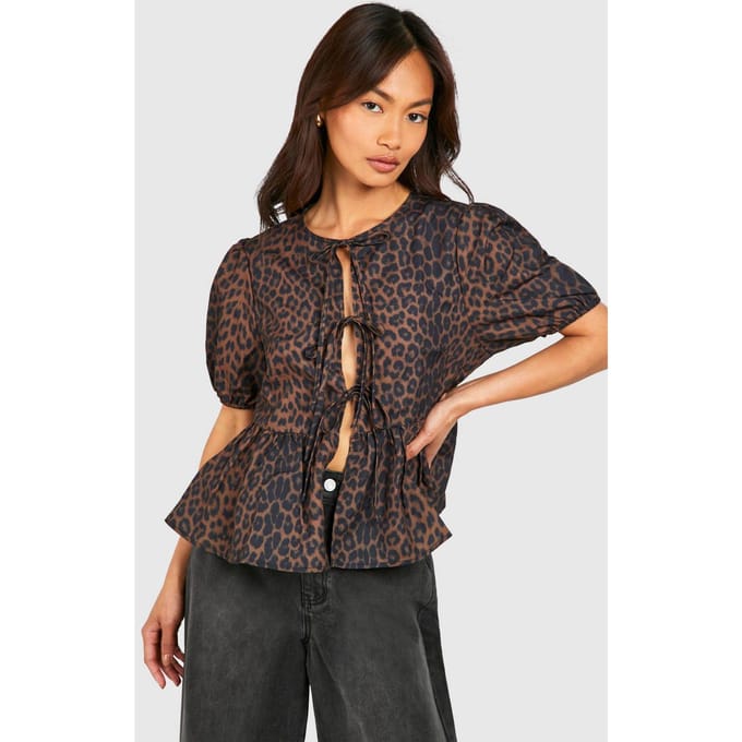 boohoo Dames Leopard Top met Pofmouwen en Strikje | Bruin | Maat: 38