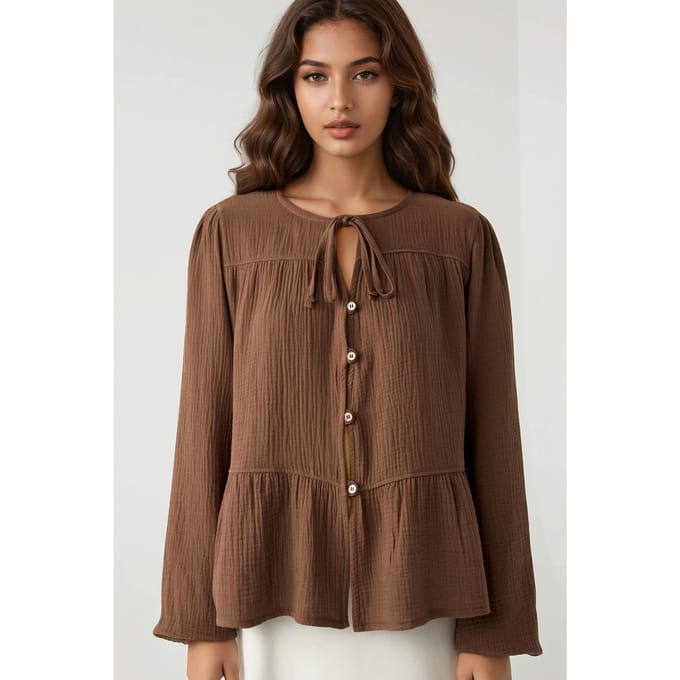 Crewneck Lange Mouwen Gewoven Mousseline Blouse
