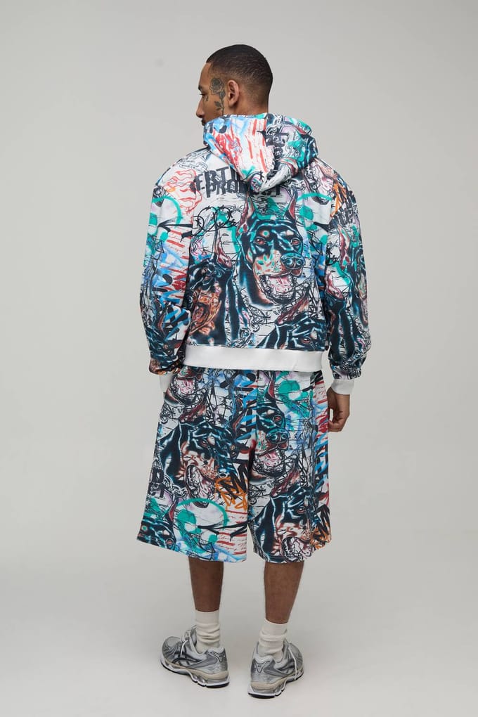 Oversized Boxy All Over Graffiti Print Zip Through Hoodie | Ecru | Size Medium