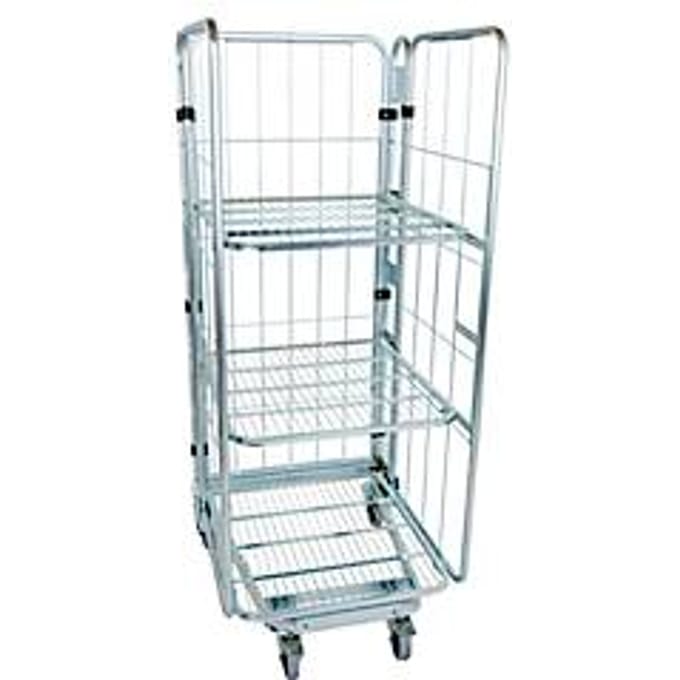 Nestbare rolcontainer, 3-zijdig, gegalvaniseerd, draagvermogen 500 kg, 2 tussenlegborden,