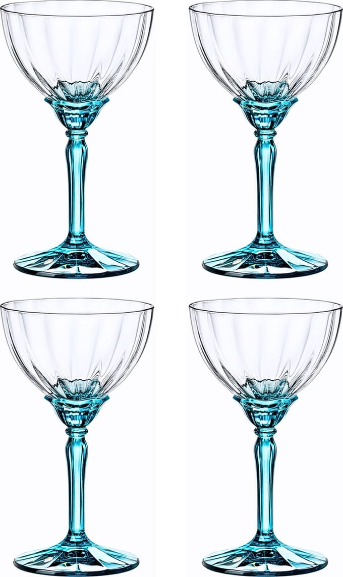 Bormioli Rocco Florian Champagneglazen - Luxe Cocktail glazen - 4 stuks - 24 cl - Blauwe stam - Bundel - Blauw - Pornstar Martini