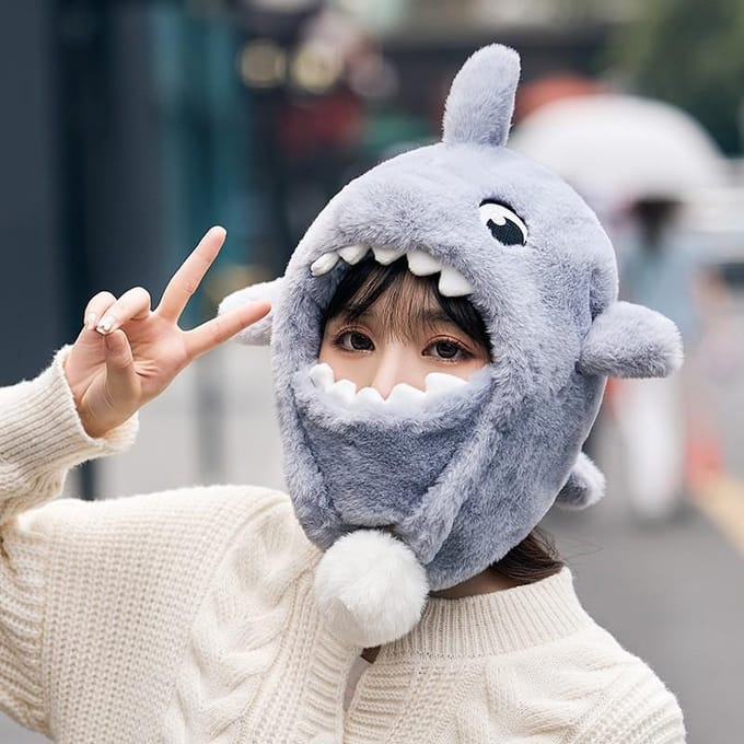 Couvre-ski Protection des oreilles Cache-visage Bonnet pull Chaud Placage Dessin animé Requin Cyclisme Mignon Chapeau de casque de neige gray