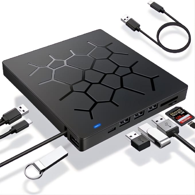7-in-1 Externe DVD / CD Speler en Brander voor Laptop - geschikt voor windows 9/10/11, linux os, mac os - USB-A3.0 USBC - SD/TF (Micro SD) Kaartlezer