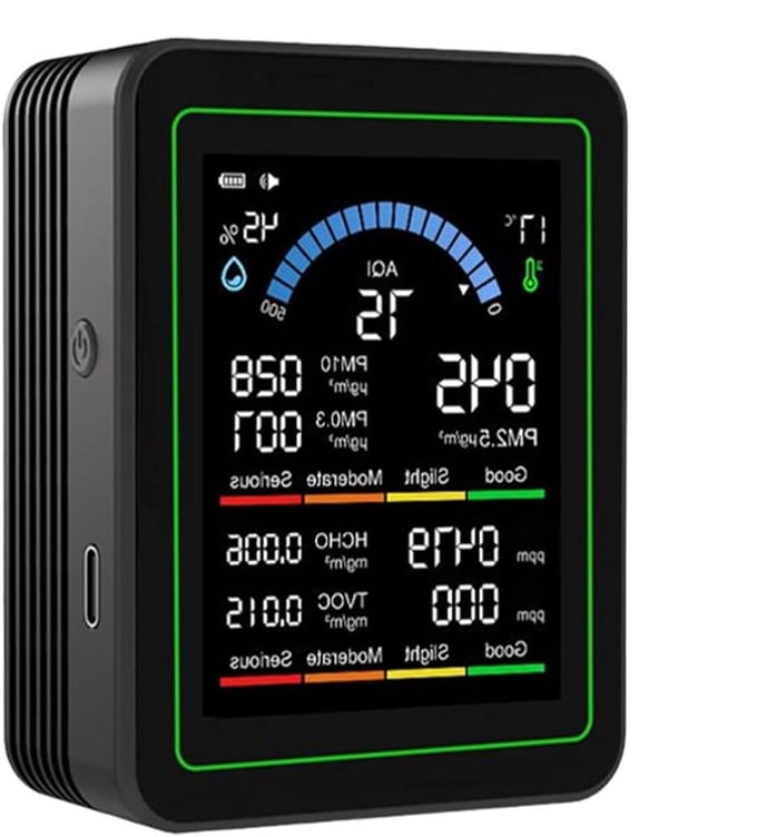 Luchtkwaliteit Detector - Sensor Apparaat - Binnenlucht Testen - Datagestuurde Oplossingen - Compact Ontwerp - Zwart