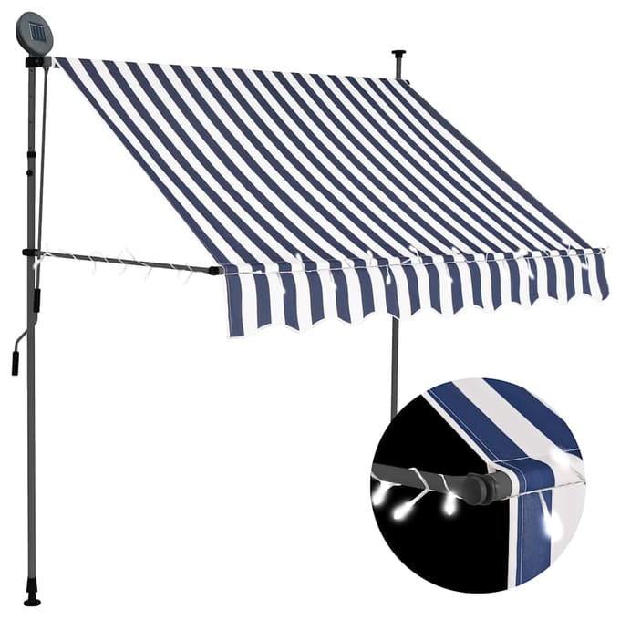 vidaXL - Luifel - handmatig - uitschuifbaar - met - LED - 200 - cm - blauw - en - wit
