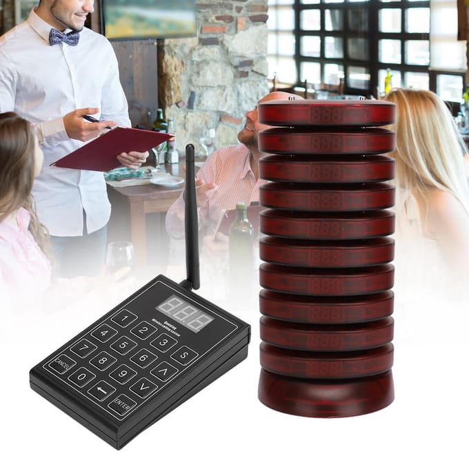 Système d'appel par téléavertisseur sans fil pour restaurant pour 1 émetteur à clavier 10 récepteurs UK Plug black