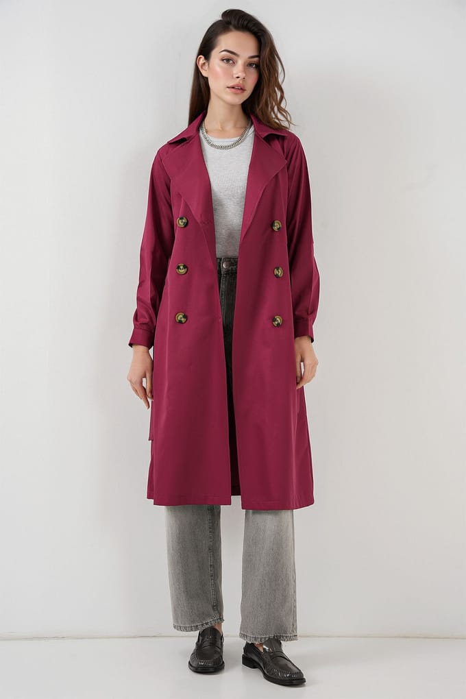 Twee rijen knoop lange trenchcoat