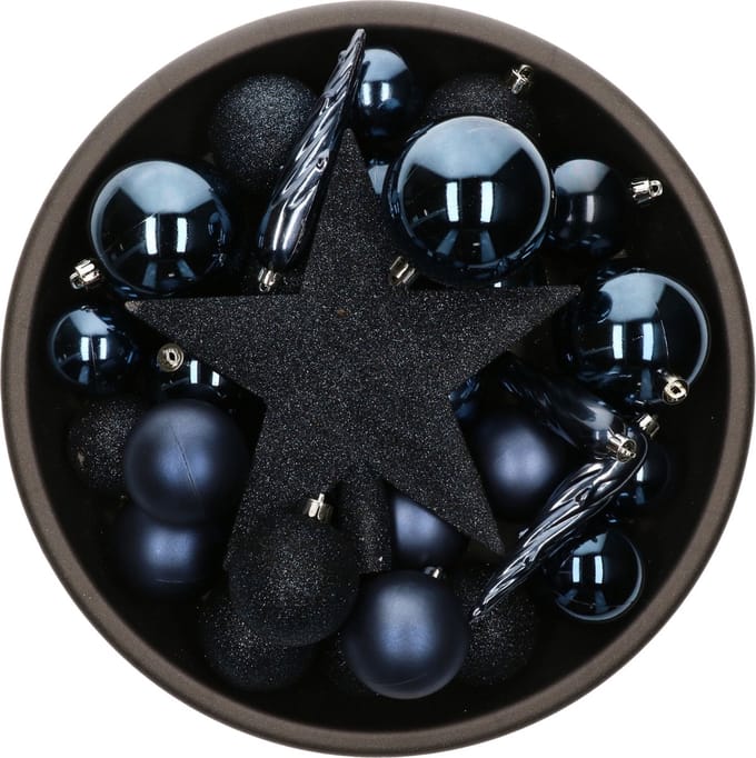 Bellatio Decorations kunststof kerstballen set - donkerblauw - 33x stuks - ster piek - glanzend mat glitter