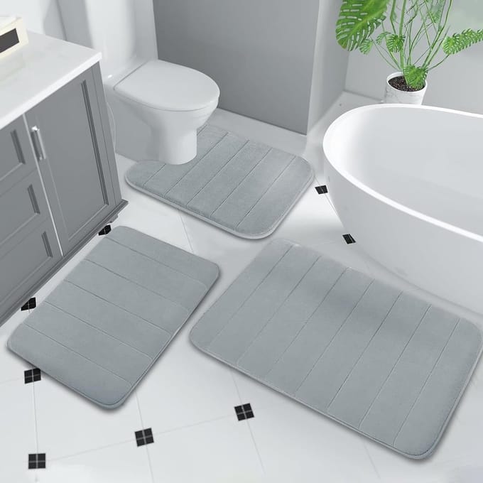 Zachte en Absorberende Badmat Set van 3 - Antislip, Wasbaar en Sneldrogend voor Douche, Toilet en Bad (Lichtgrijs)