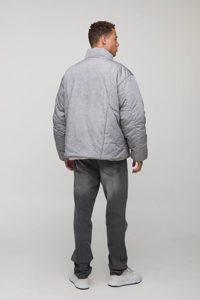 Hoge Oversized Pasvorm Gewassen Nylon Gewatteerde Trechterkraag Pufferjas | Grey | Size Medium