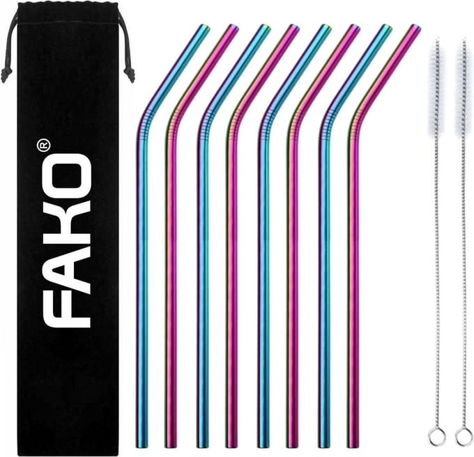 Fako Bijoux - RVS Rietjes - 8 Stuks - Gebogen - Herbruikbaar - 21 cm - 2 Schoonmaakborsteltjes - Regenboog