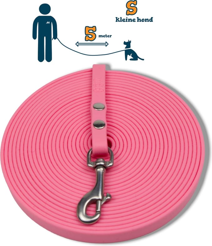 Miqdi BioThane® Sleeplijn 5 meter – zonder handvat – S (9 mm) – pastel roze – waterdicht & sterk