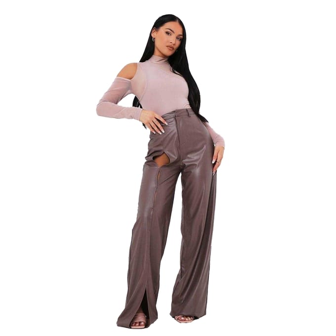 Missy Empire Dames/Dames PU Uitgesneden Hoge Taille Broek (Chocolade)