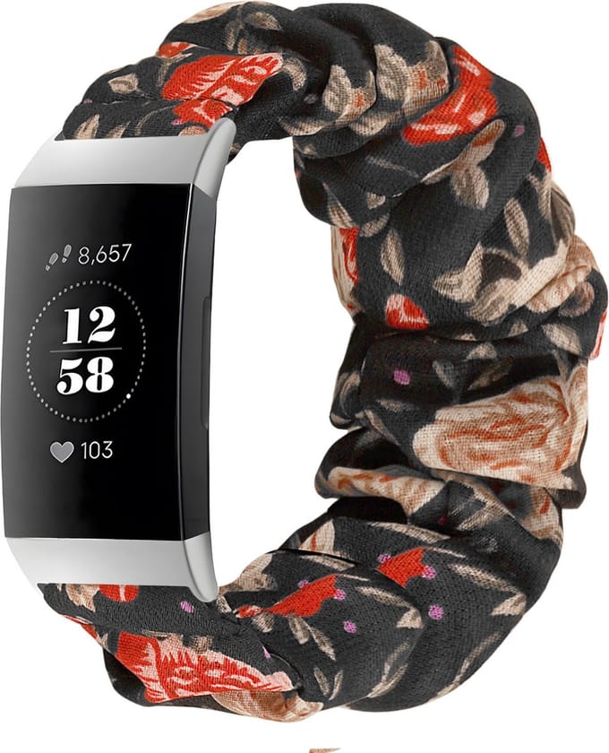 Strap-it Activity tracker bandje - Scrunchie nylon bandje - geschikt voor Fitbit Charge 3 / Fitbit Charge 4 - bloemenprint