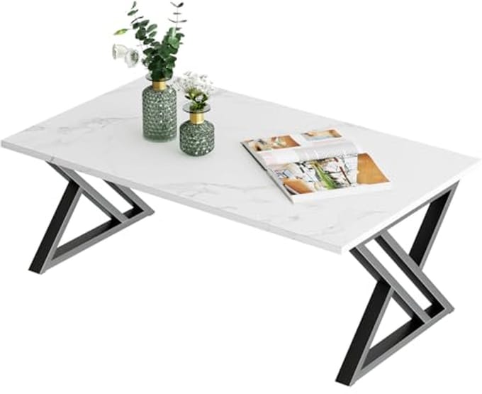Moderne salontafel met open opbergruimte en metalen frame - Wit en zwart afgerond