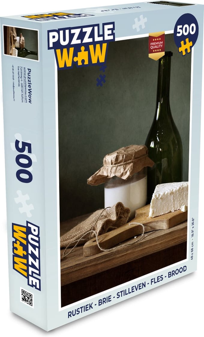 Puzzel Rustiek - Brie - Stilleven - Fles - Brood - Legpuzzel - Puzzel 500 stukjes