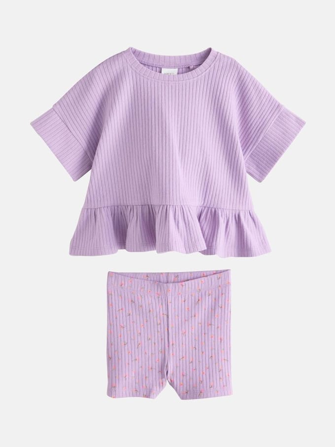 Next - Meisjes - Set van geribbelde top met korte mouwen en short - Paars