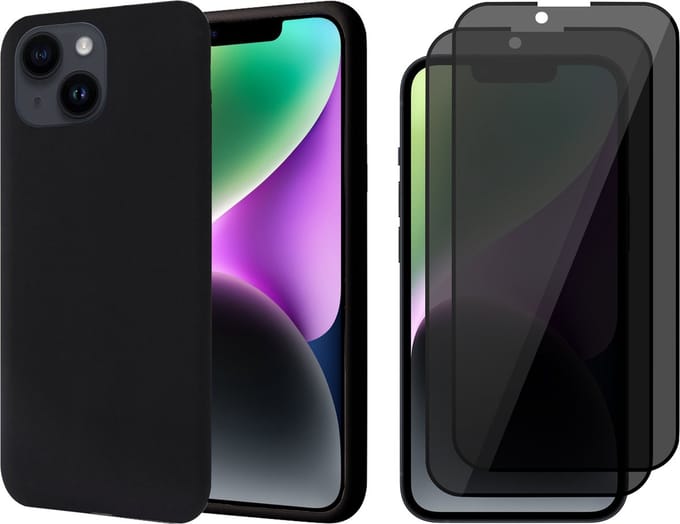 Hoesje geschikt voor iPhone 14 Plus - 2x Privacy Screen Protector FullGuard - Back Cover Case SoftTouch Zwart & Screenprotector