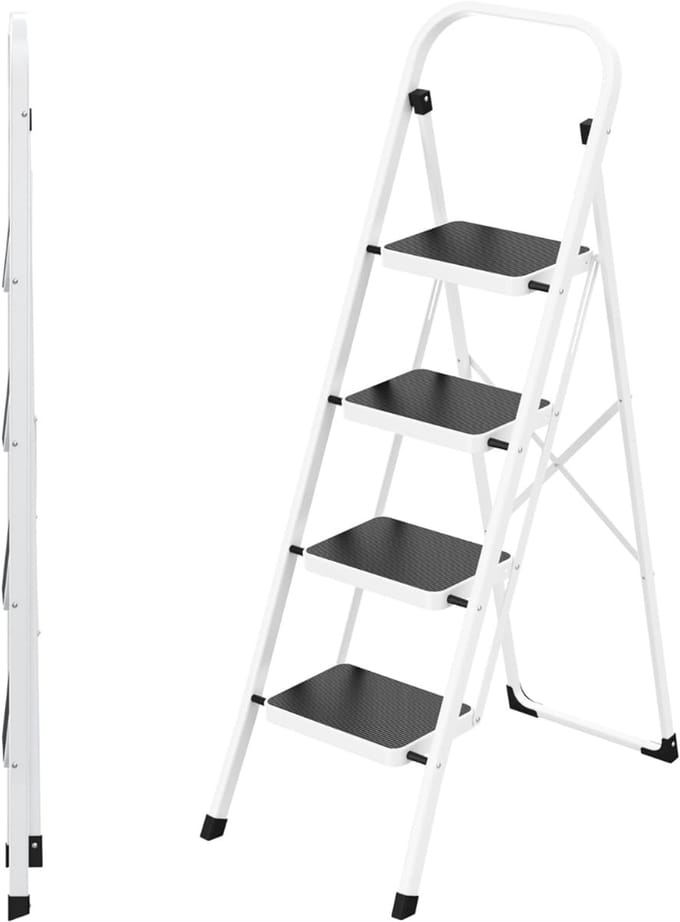 Huishoudtrap 4 Treden - Keukentrap - Inklapbaar - Antislip - Extra Stevig - Wit
