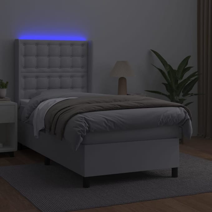 vidaXL - Boxspring - met - matras - en - LED - kunstleer - wit - 90x200 - cm