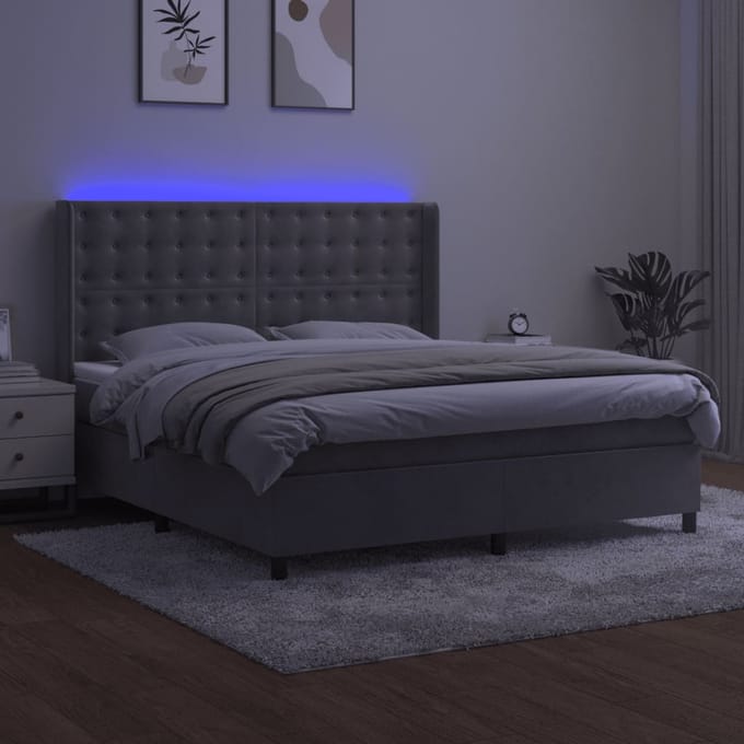 vidaXL - Boxspring - met - matras - en - LED - fluweel - lichtgrijs - 160x200 - cm