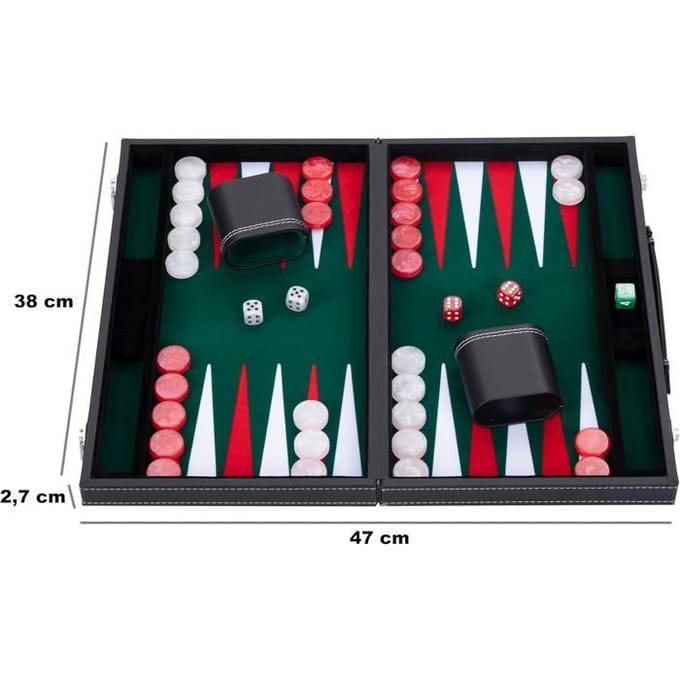 Backgammon 15 inch - Groen, Rood & Wit Ingelegd Bord - Luxe Kunststof Koffer met Handvat - Engelhart