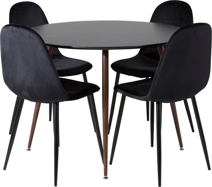PlazaBLWA100 eethoek eetkamertafel zwart en 4 Polar eetkamerstal velours zwart.