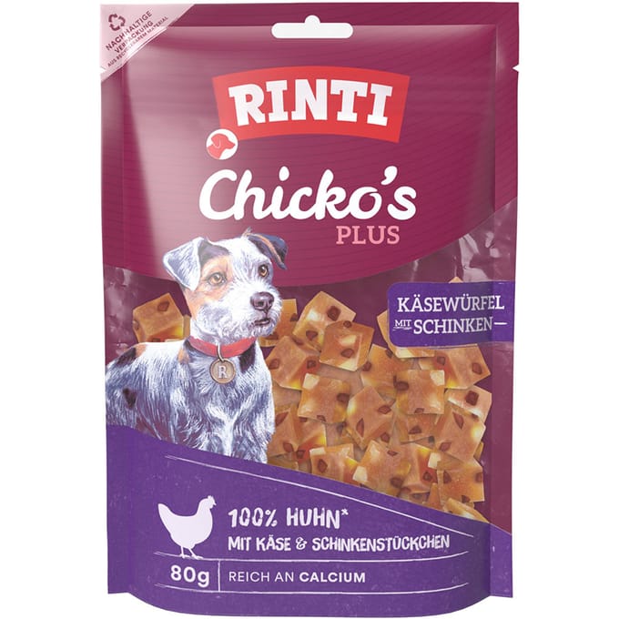 Rinti - Chicko Plus Snack 12x80g - Kaas-hamblokjes met kip
