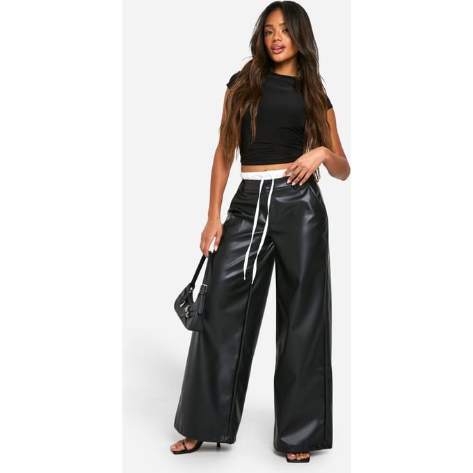 boohoo Dames PU Boxer Tailleband Wijde Broek | Zwart | Maat: 36