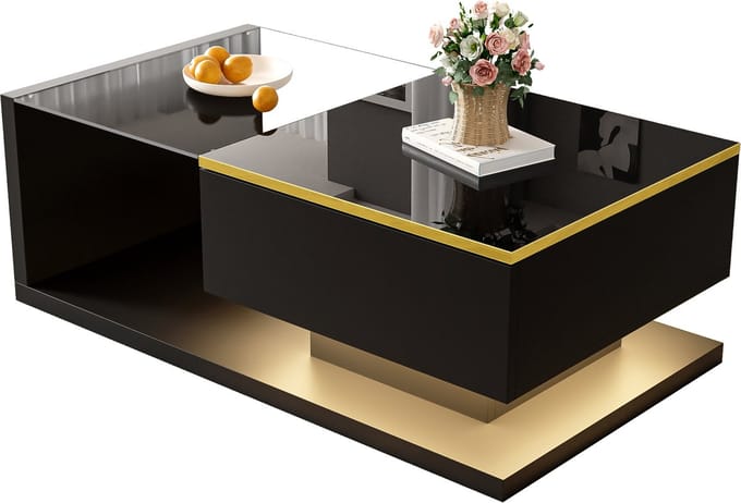 Salontafel - 90 cm - Glasplaat en LED Effect - Hoogglans Modern Design - Glas en MDF - Zwart