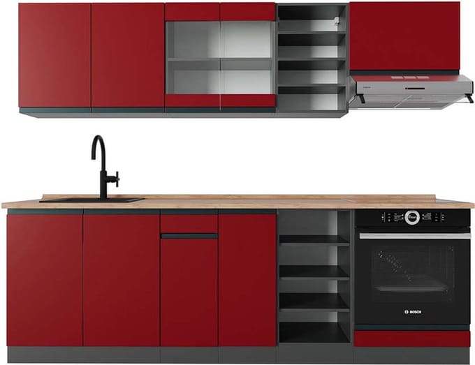 Vicco R-Line Complete keukeneenheid – 240 cm, WB Eik Rood/antraciet