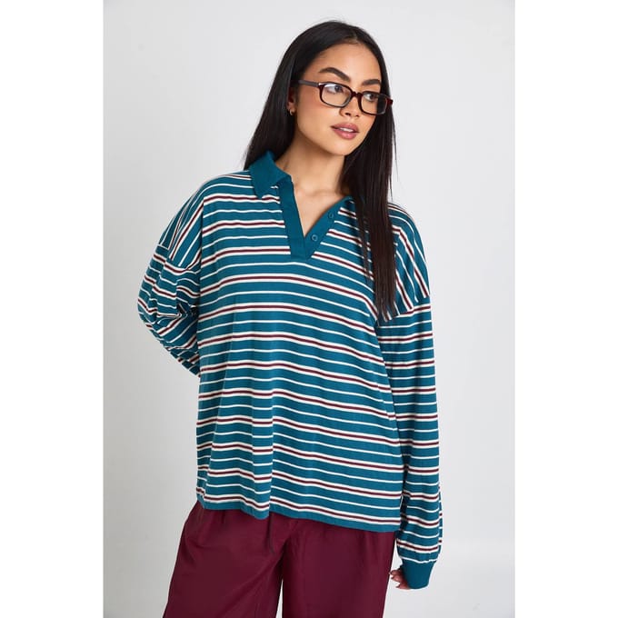 boohoo Dames Gestreepte Zware Katoen Rugby Top met Kraag | Teal | Maat: 6