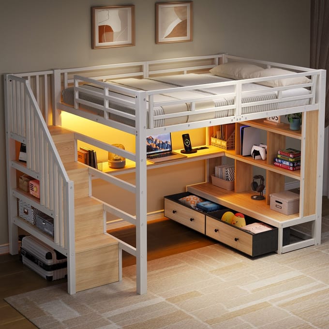 Hoogslaper - 140x200 cm - Bureau en Lades - met Trap met Opbergruimte - Metaal - Wit