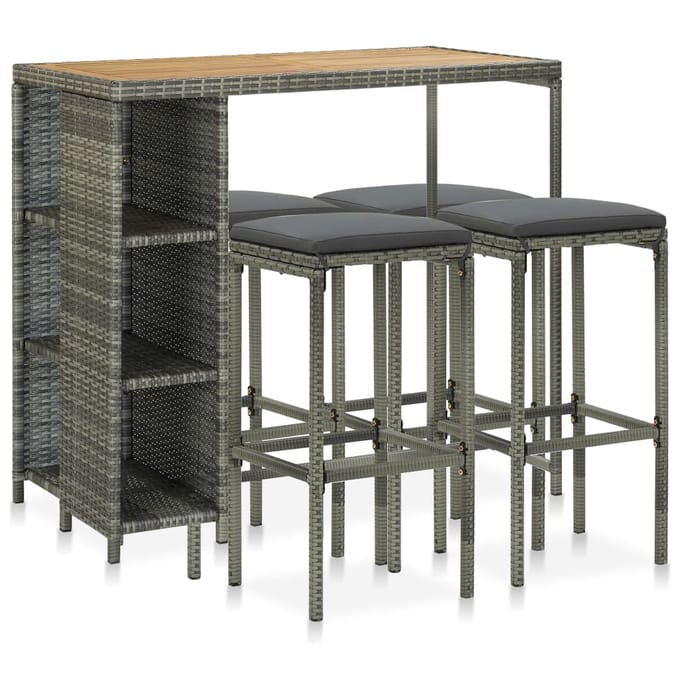 vidaXL - 5-delige - Tuinbarset - met - kussens - poly - rattan - grijs