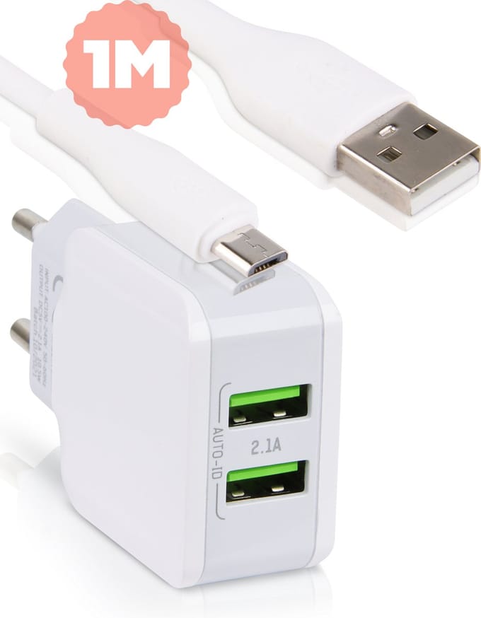 USB Lader 2 Poorten + Micro USB Laadkabel - 1 Meter - 2.1A Oplader - Voor Controller, GSM, Telefoon, Tablet, Speaker, Powerbank