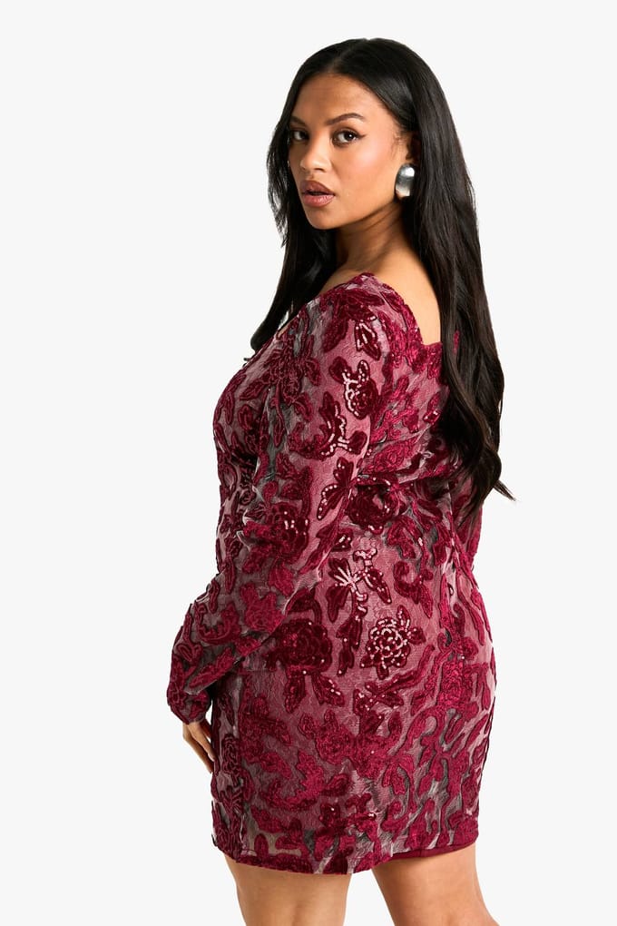 boohoo Dames Plus Demask Square Neck Bodycon Dress | Bessen | Maat: 48