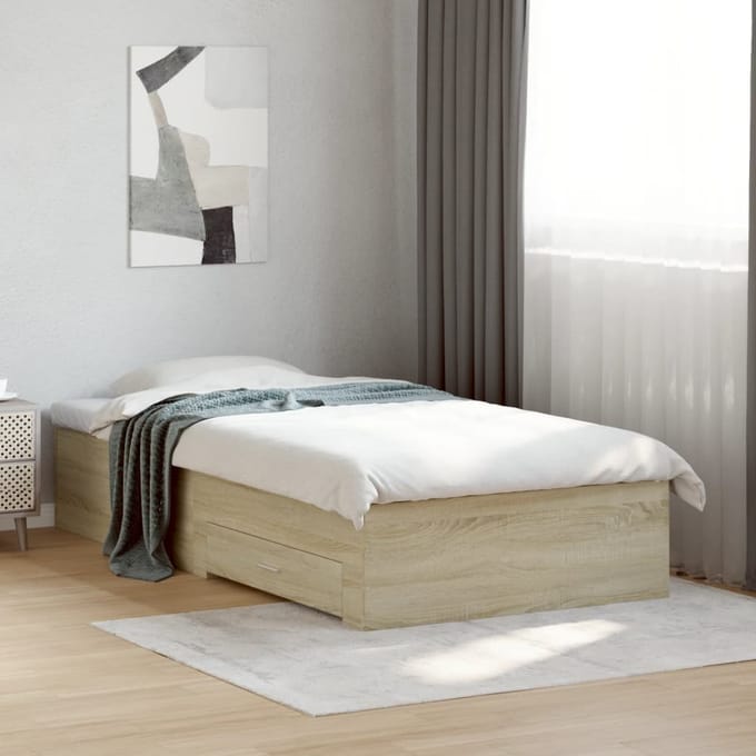 vidaXL - Bedframe - met - lades - bewerkt - hout - sonoma - eikenkleurig - 75x190 - cm