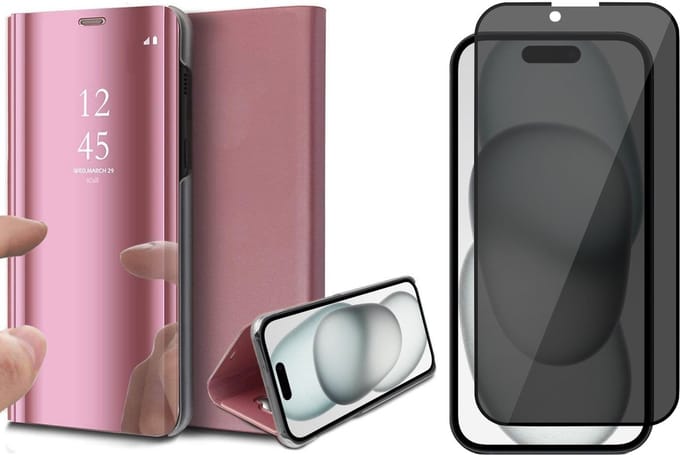 Hoesje geschikt voor iPhone 15 Plus - Privacy Screen Protector FullGuard - Book Case Spiegel Roségoud & Screenprotector