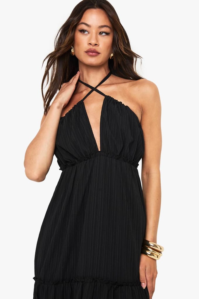 boohoo Dames Lange getextureerde gerimpelde bandjes gelaagde maxi-jurk | Zwart | Maat: 34