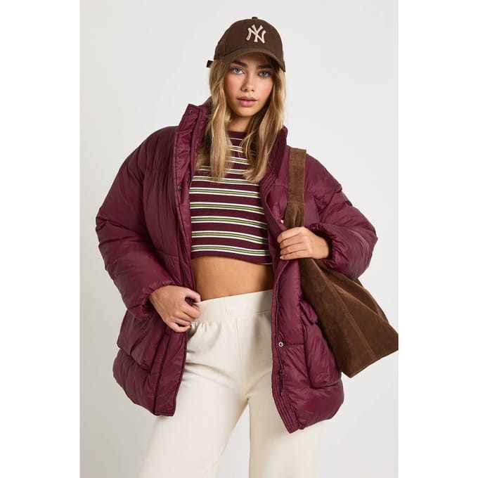 boohoo Dames Oversized pufferjas met capuchon | Burgundy | Maat: 14